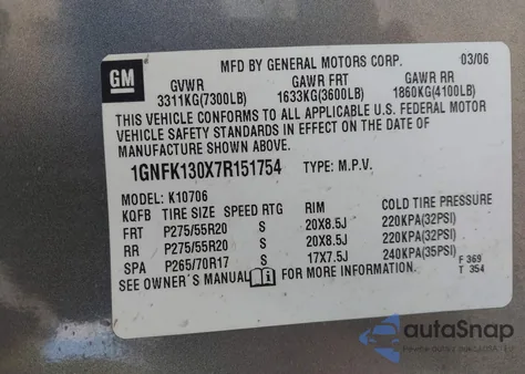2007 Chevrolet Tahoe Ltz from USA, damaged, VIN 1GNFK130X7R151754
